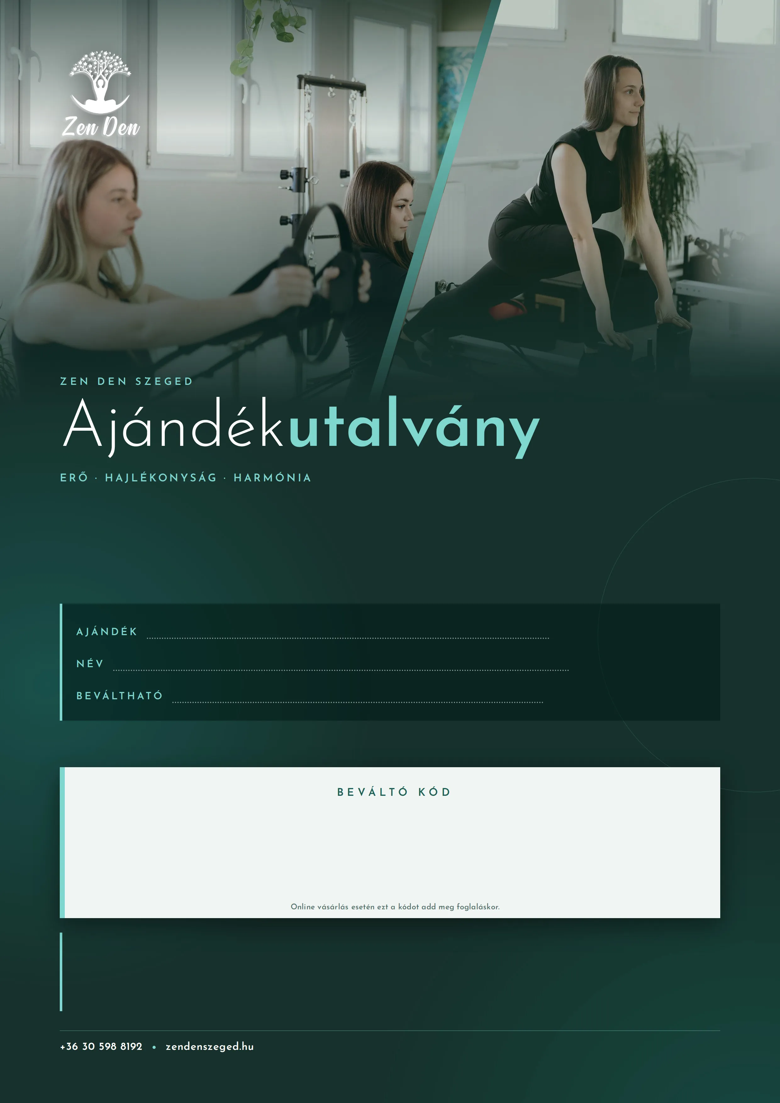 A Zen Den ajándékutalvány nyomtatható lapja, a beváltó kód helyével